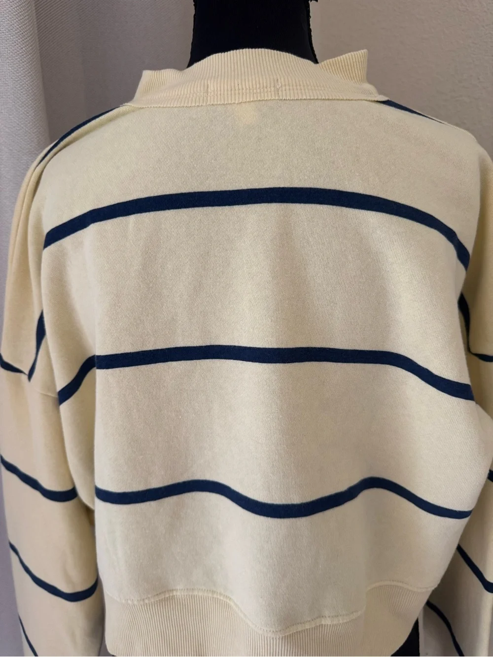 BP. Cream Navy Stripe Half Button Cropped Sweatshirt Pullover Size S - Picture 7 of 11